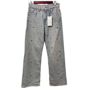ZARA New Women US Size 2 Blue TRF Eyelet Ring Trim High Waist Jeans Ref 3607/028